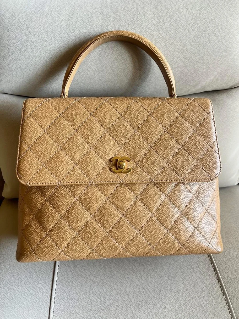 CHANEL Kelly Top Handle Bag Camel Caviar Leather